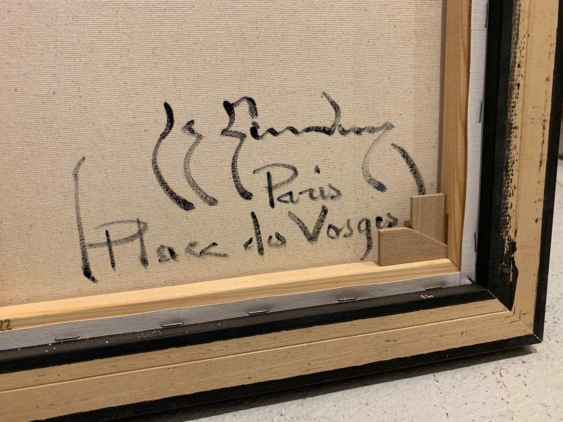 Guy Legendre's artist note on the back of his Place des Vosges painting