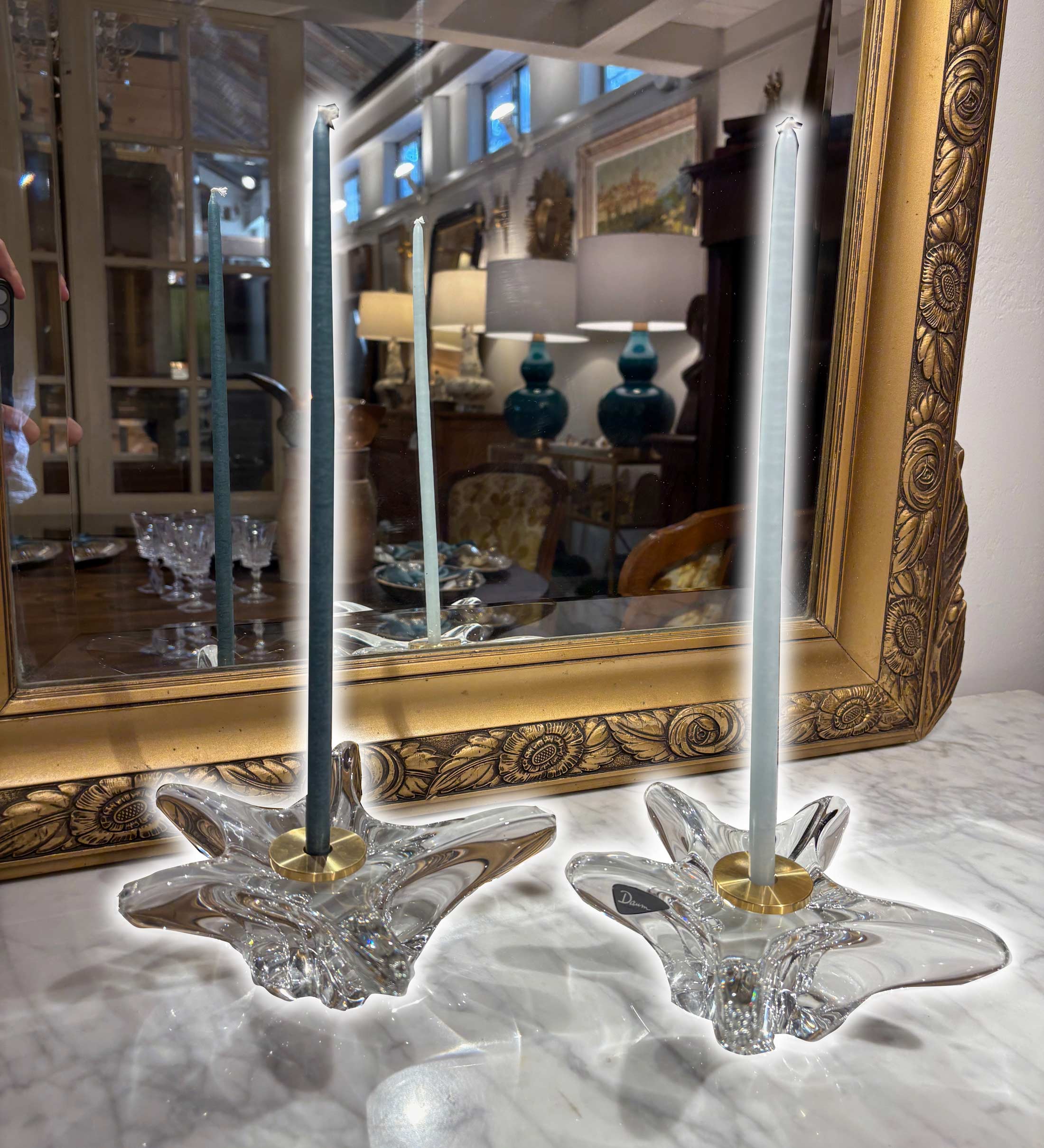 A pair of Art Nouveau Daum France glass candlestick bases with Maison Pechavy candle tapers and brass adapters